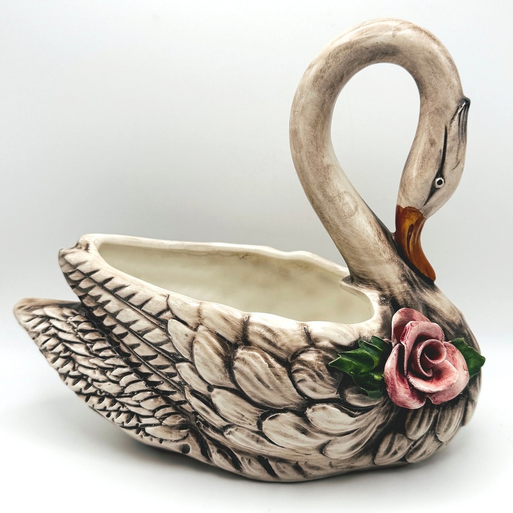 Vintage Capodimonte Italy Swan Planter Applied Pink Rose Porcelain Mid Century